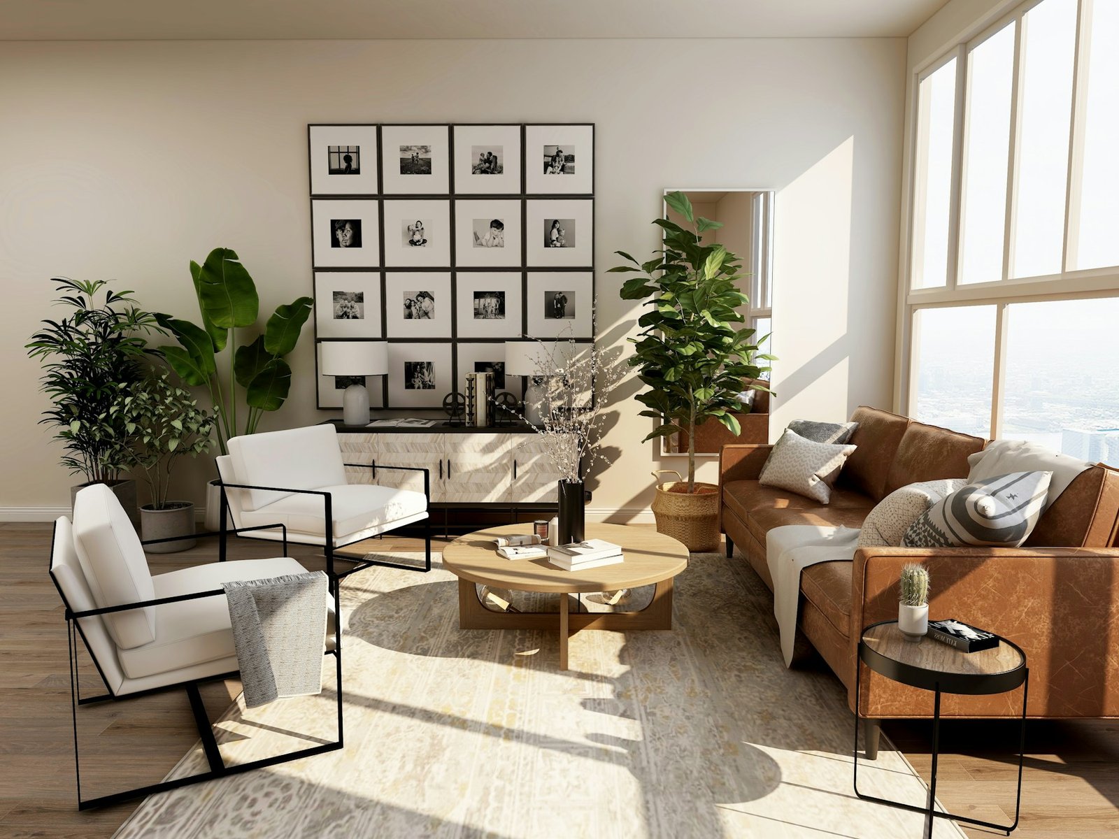 Bright living room with a sofa and comfortable seating